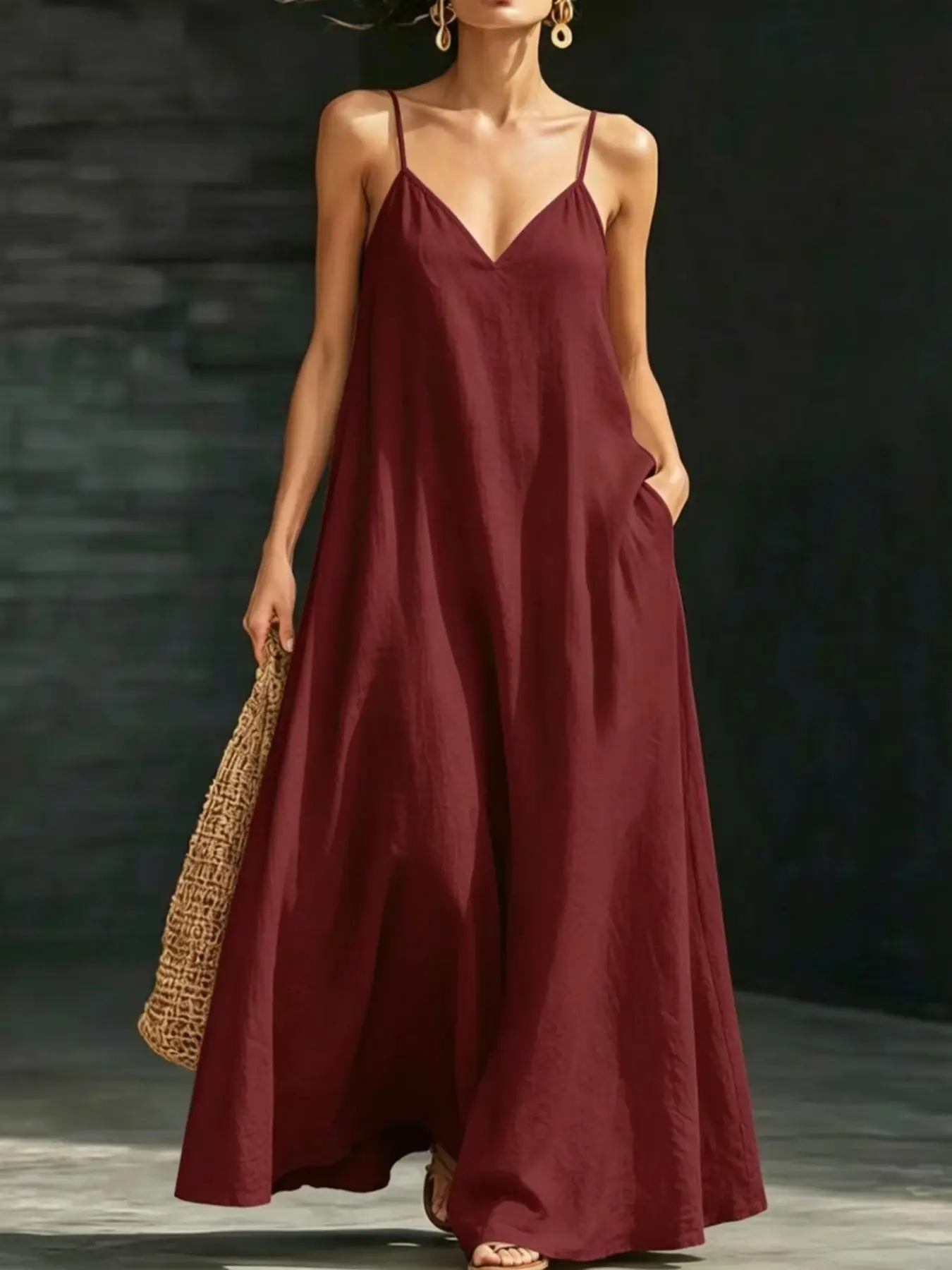 Women's Basic Solid Color V-Neck Spaghetti Strap Sleeveless Breathable Lightweight Dress, Womenswear, French Casual Minimalist Style, Slimming, Summer Beachwear, Casual Beach Sundress, Fashion Sundress