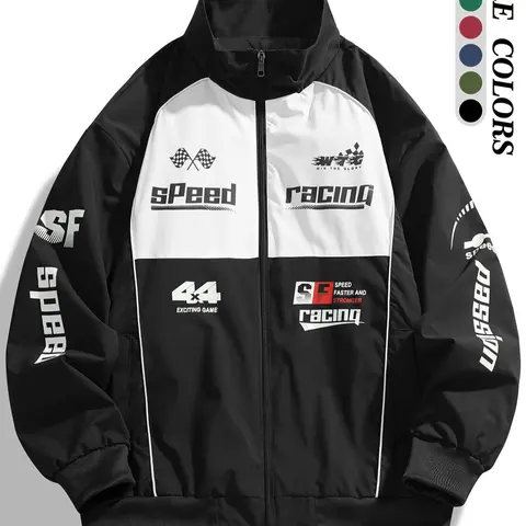 Men's Colorblock Letter Print Zip Up Jacket, Regular Fit Casual Pocket Funnel Neck Windproof Outerwear for Daily Wear, Men's Clothes for All Seasons, Coats