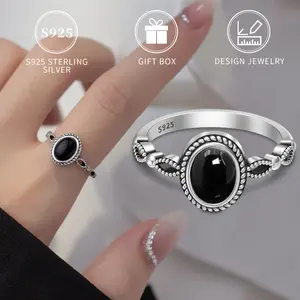 2g S925 Pure Silvery Black Agate Ladies Ring Electroplated 18K Gold Plated Classic Retro Oval High Quality Jewelry for Daily Party Wear and Gift Giving with Gift Box