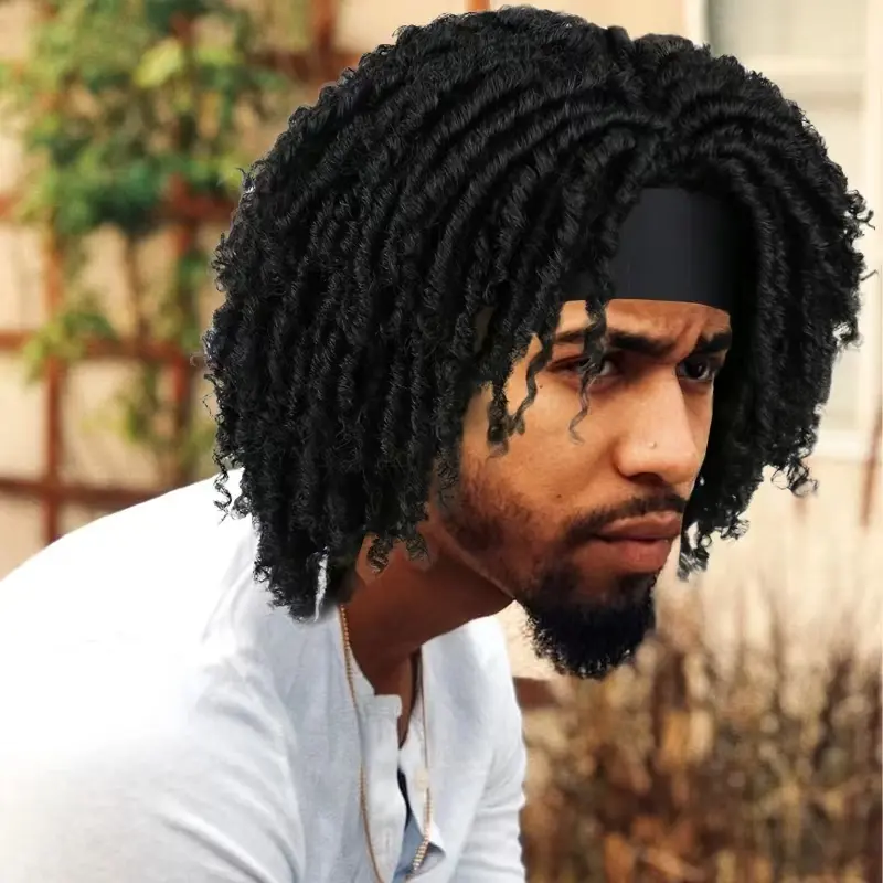 Men Dreadlock Wig Headband Wig Synthetic Afto Twsit Braids Headband Wig Soft Faux Locs Hair Wig Halloween Wig