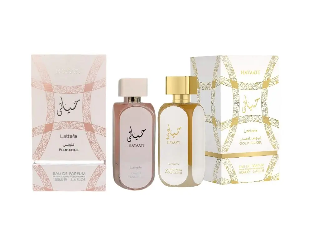 Lattafa Hayaati Florence & Gold Elixir Luxurious Unisex Leather-Accented 2-Piece Multi-Pack Gift Set - Long-Lasting Eau de Parfum Spray, 2x100ml Fragrance with Saffron, Amber, Musk, Citrus & Vanilla Notes for Adults