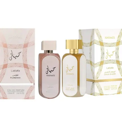 Lattafa Hayaati Florence & Gold Elixir Unisex Luxurious Leather-Accented 2-Piece Gift Set - Alcohol-Infused Long-Lasting Eau de Parfum Spray, 2x100ml Fragrance Bottles with Saffron, Fruity Citrus, Amber, Musk & Vanilla Notes for Adults