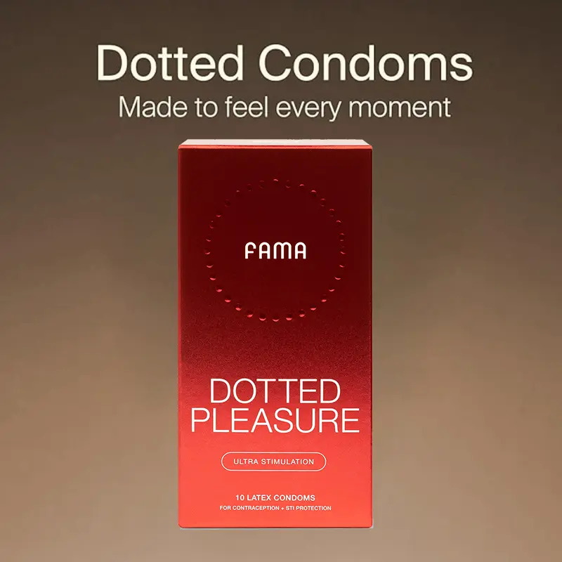 FAMA Dotted Pleasure Condoms — Raised Dot Textured Condoms for Heightened Sensation, Lubricated Natural Latex, 10 Count