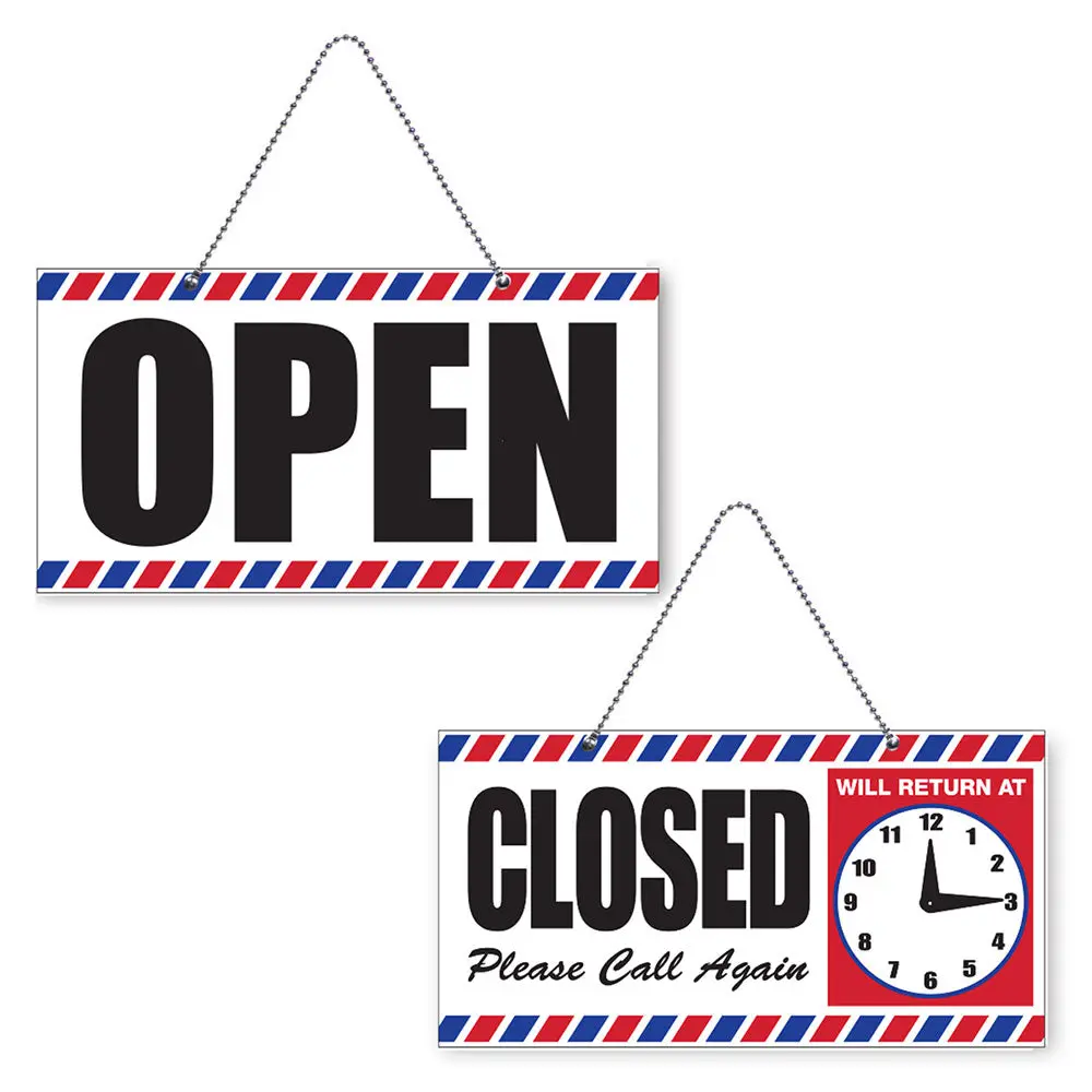Scalpmaster Double-Sided Open-Closed Desk Wall Sign with Clock, 11.5x6 in Heavy-Duty Plastic Plaque, Hangable Adjustable-Arm Desk Decor for Home Businesses, Home Decoration