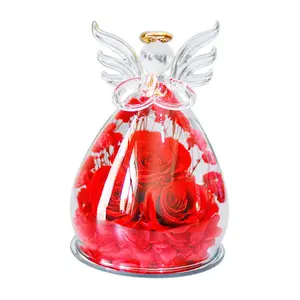 Red Preserved Roses in Glass Angel Figurines for Women Birthday Gifts for Mom from Daughter Forever Flowers Eternal Rose Angels for Grandma Sister Wife