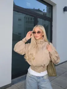 Gracelle Lightweight Twill Funnel Neck Bomber Jacket - Khaki