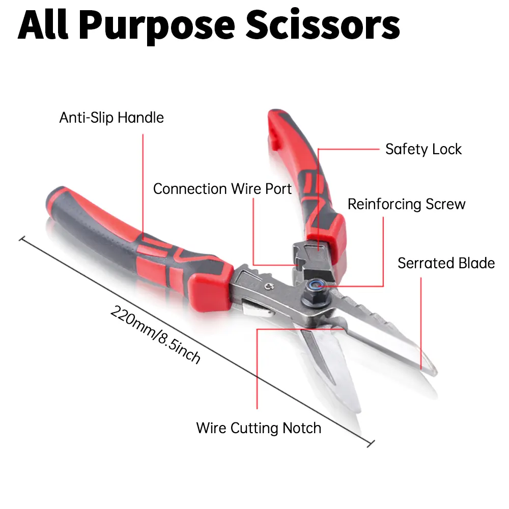 8-Inch Heavy-Duty Tin Snips - Cutting Scissors with Cable Cutout, Eccentric Effort-Saving Design, TPR Handle for Sheet Metal Work