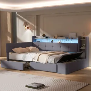 Twin Size Upholstery Daybed with Storage Drawers,Footstool and Shelves,USB Charging and LED Light, Wooden Platform Bed Frame with Slats, No Box Spring Needed,Grey