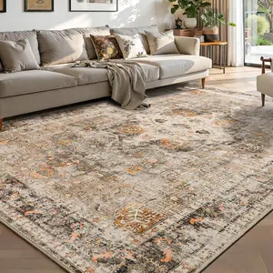 Boho Washable Rug 5x7, Terracotta Vintage Non Slip Area Rug, Distressed Indoor Carpet for Living Room Bedroom Kitchen Office