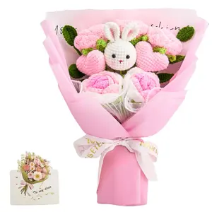 Mother’s Day Gift, YShomy Handmade Crochet Flower Bouquet with Cute Crochet Bunny & Pink Flowers, Graduation Gift, Birthday, Anniversary Gift for Her, Girlfriend, Wife, Friend, Includes Card, Easter Gift, Decorative Plants