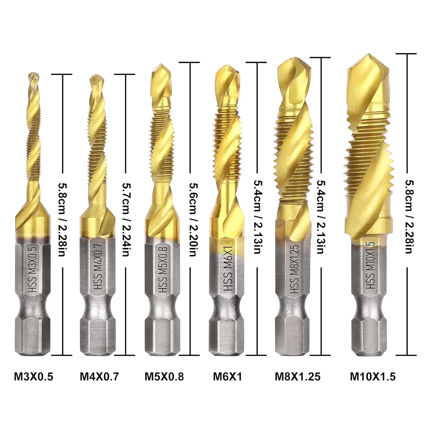 6pcs Drill Tap Set, Metric Thread M3-M10 (M4-0.7, M6-1, M10-1.5) Back Taper HSS-Ticoat High Speed Steel, 1/4" Hex Shank, Titanium Plated, SAE 1/4-20NC & 8-32NC Compatible, Engraved Labels for Thread Drilling, M10-X1.5, M4-X0.7