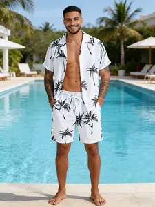 Men's Hawaiian Palm Tree Two-Piece Set, Short Sleeve Button-Up Shirt and Drawstring Shorts, Vacation Wear, Fitted, Tropical Pattern