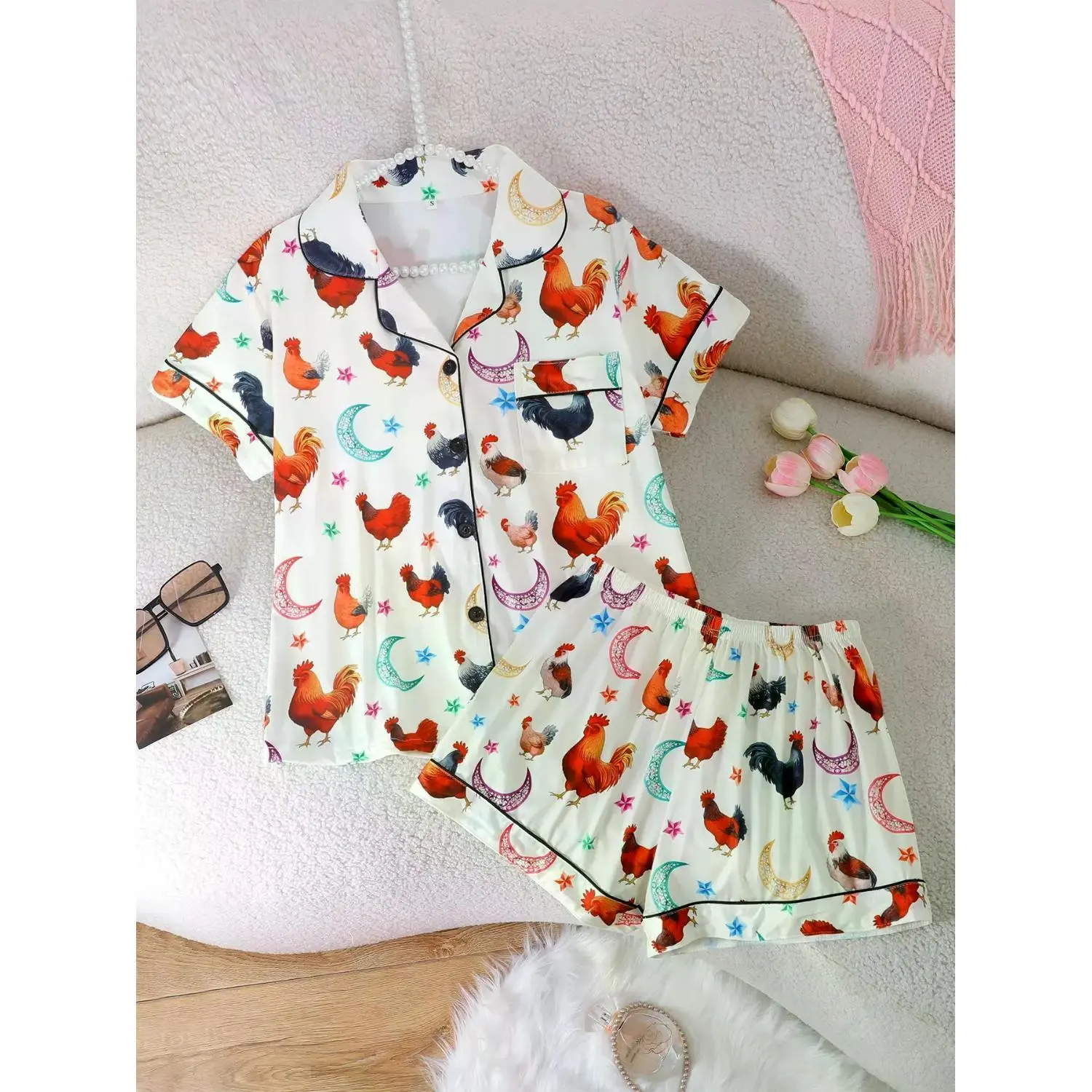 Women's Cartoon Chicken Print Pajama Set - Cool Summer Short Sleeve Sleepwear with Button Front Top and Elastic Shorts, Comfortable for All Seasons