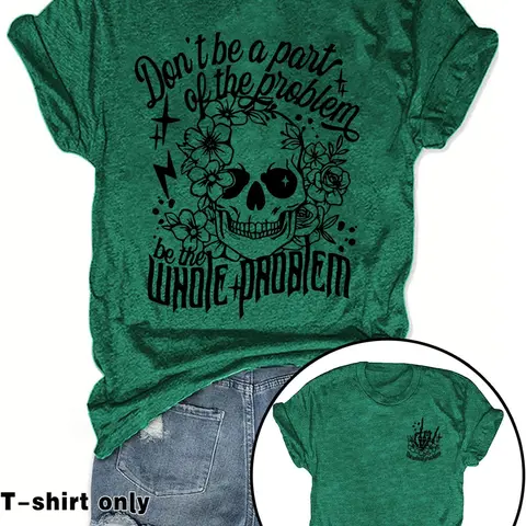 Women's Floral & Skull Print Round Neck Tee, Fashion Casual Streetwear Short Sleeve T-shirt for Everyday Daily Wear, Ladies Summer Clothes, Tops, Graphic Streetwear Shirt