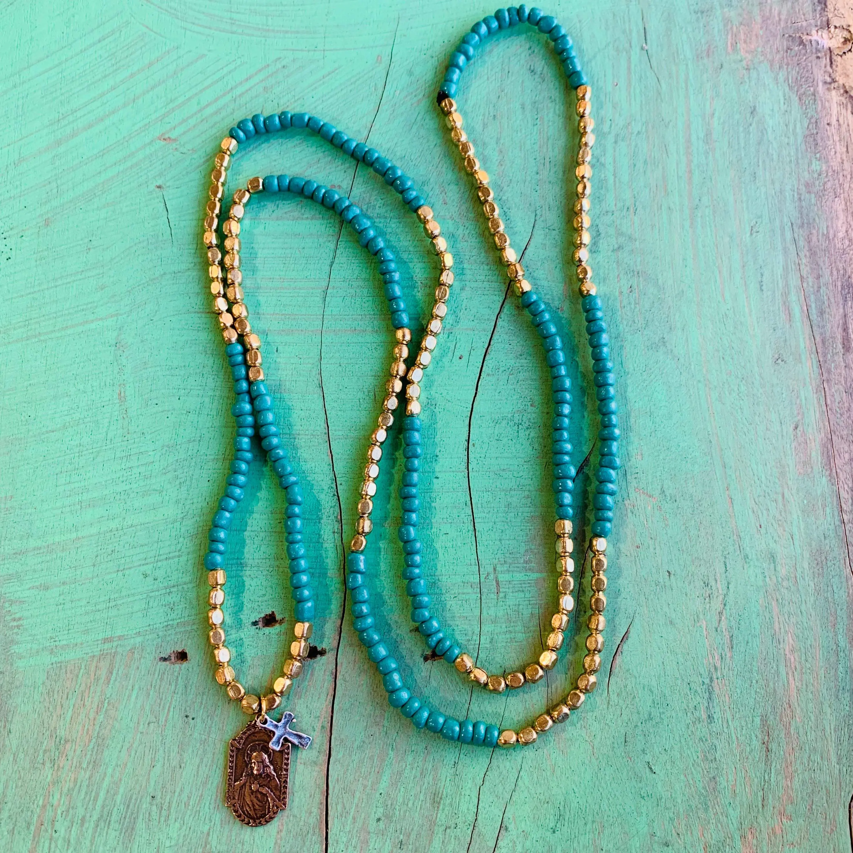 Sweet Saint Two-toned Saint Necklace Turquoise Bead with Bronze Scapular Medal Sacred Heart & Our Lady of Mt Carmel 39" Long
