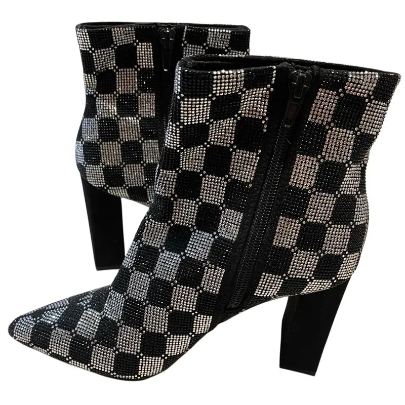 Wild Pair Checkered Booties - Black and White Checkerboard Design Pointed Toe Booties for Wild Pair Fans Women