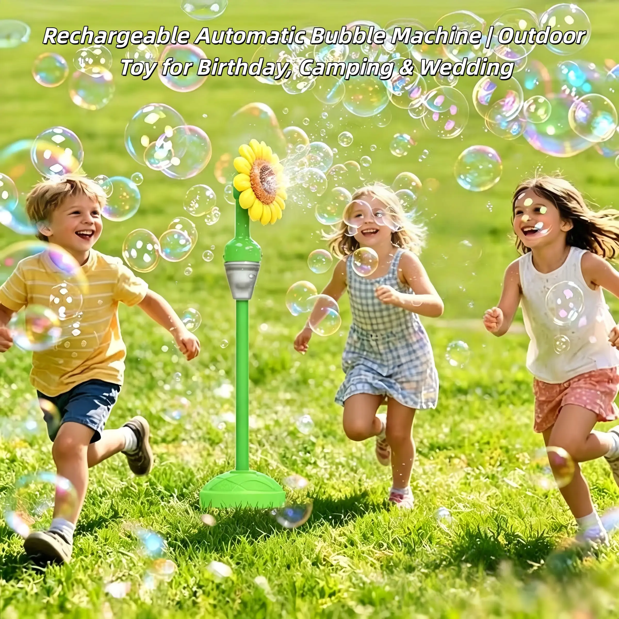 Automatic Sunflower Bubble Machine, Light Up & Musical, Height Adjustable, Wedding Party Birthday Camping Toy, 90ML Bubble Solution Included