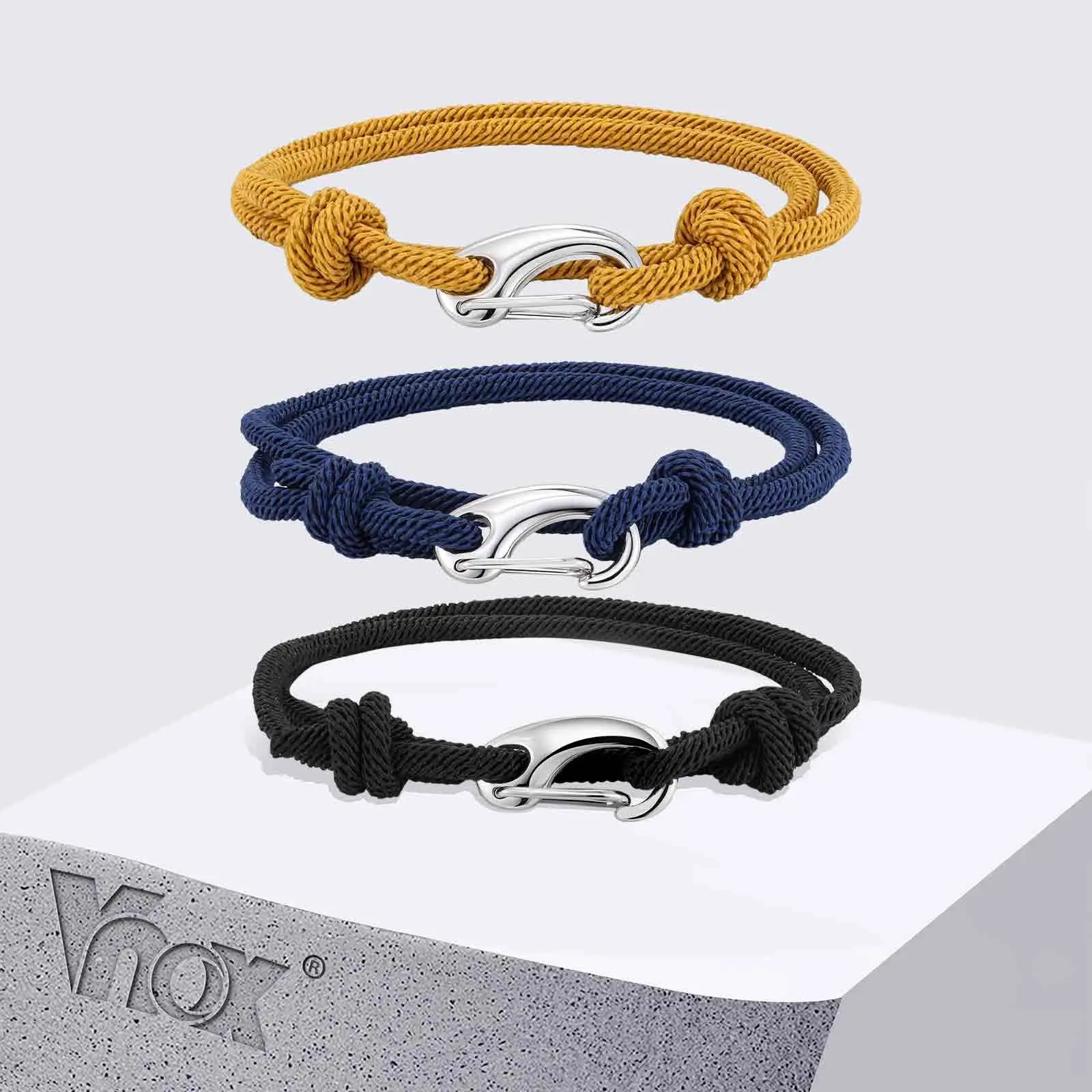 Vnox Stainless Steel Clasp Double Layered Circle Black Yellow Blue Rope Bracelet Adjustable Sliding Weave Wristband for Men Him