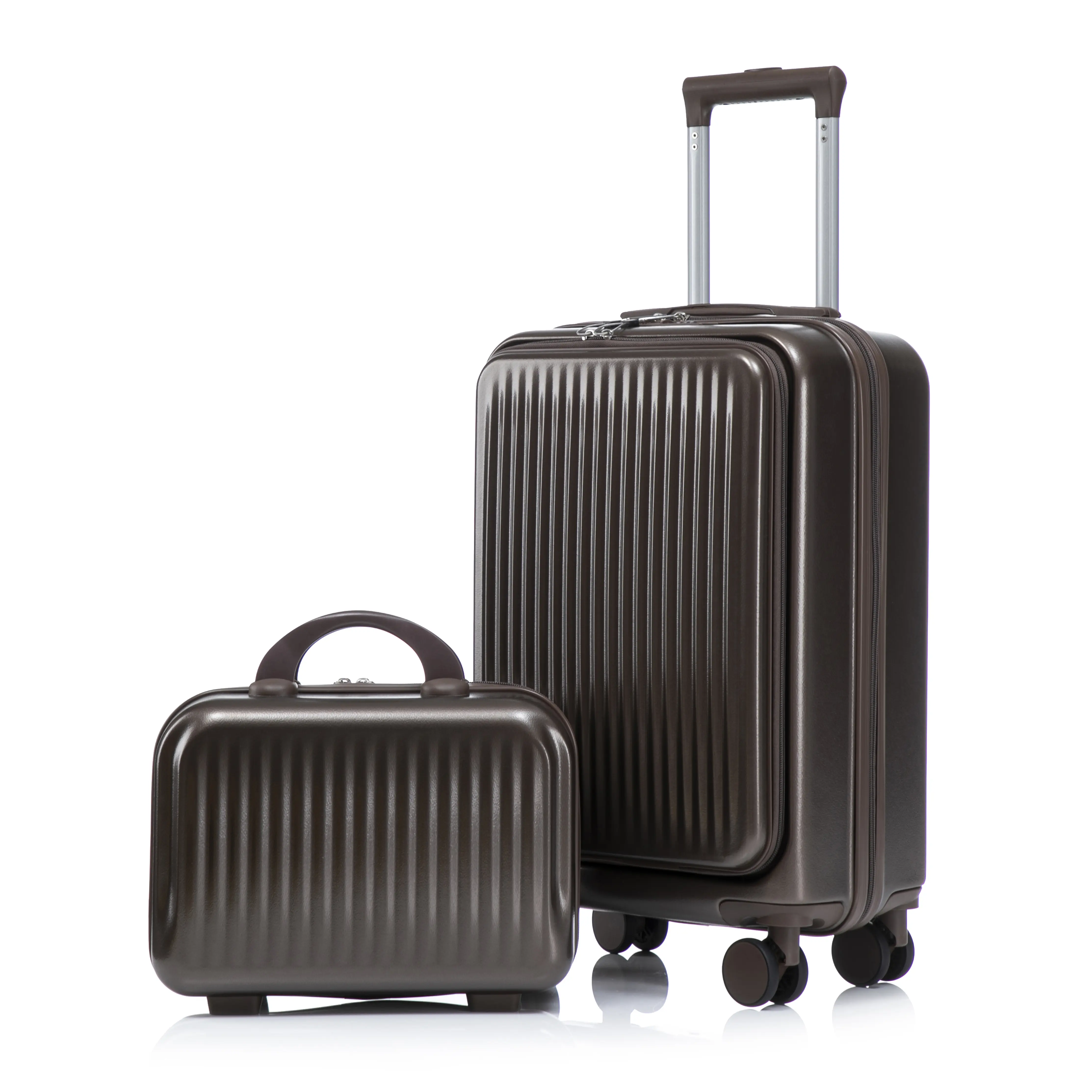 2-Piece Brown Hardside Luggage Set, 20” Carry-On Spinner Suitcase + 14” Cosmetic Case, ABS Travel Suitcase with Front Opening Pocket, 360° Wheels, Telescopic Handle & Combination Lock for Trips