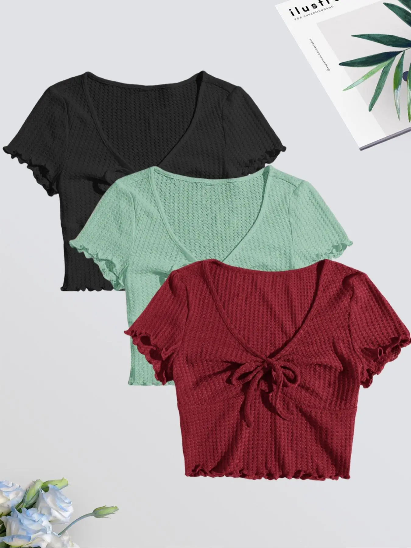 Women's Solid Color Lettuce Trim Tee, Elegant Casual Short Sleeve Top for Summer, Ladies Clothes for Daily Wear, Casual Everyday Wear, Womenswear