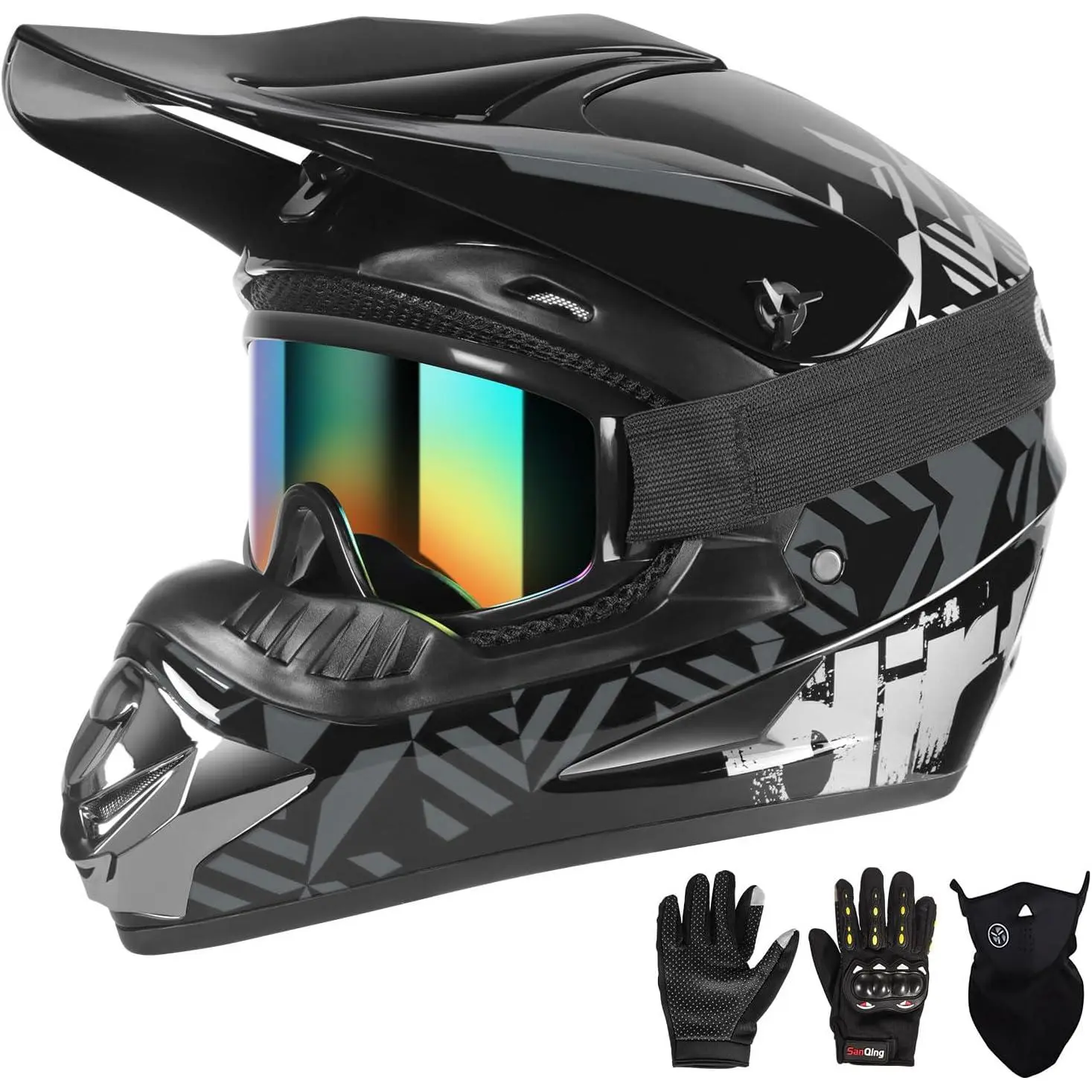 DOT Certified Children's Full Face Motocross Helmet Set, Lightweight Breathable ABS Shell BMX MX ATV Off-Road E-Bike Gear with Quick Release Buckle, Gloves, Goggles, Mask (4Pcs)