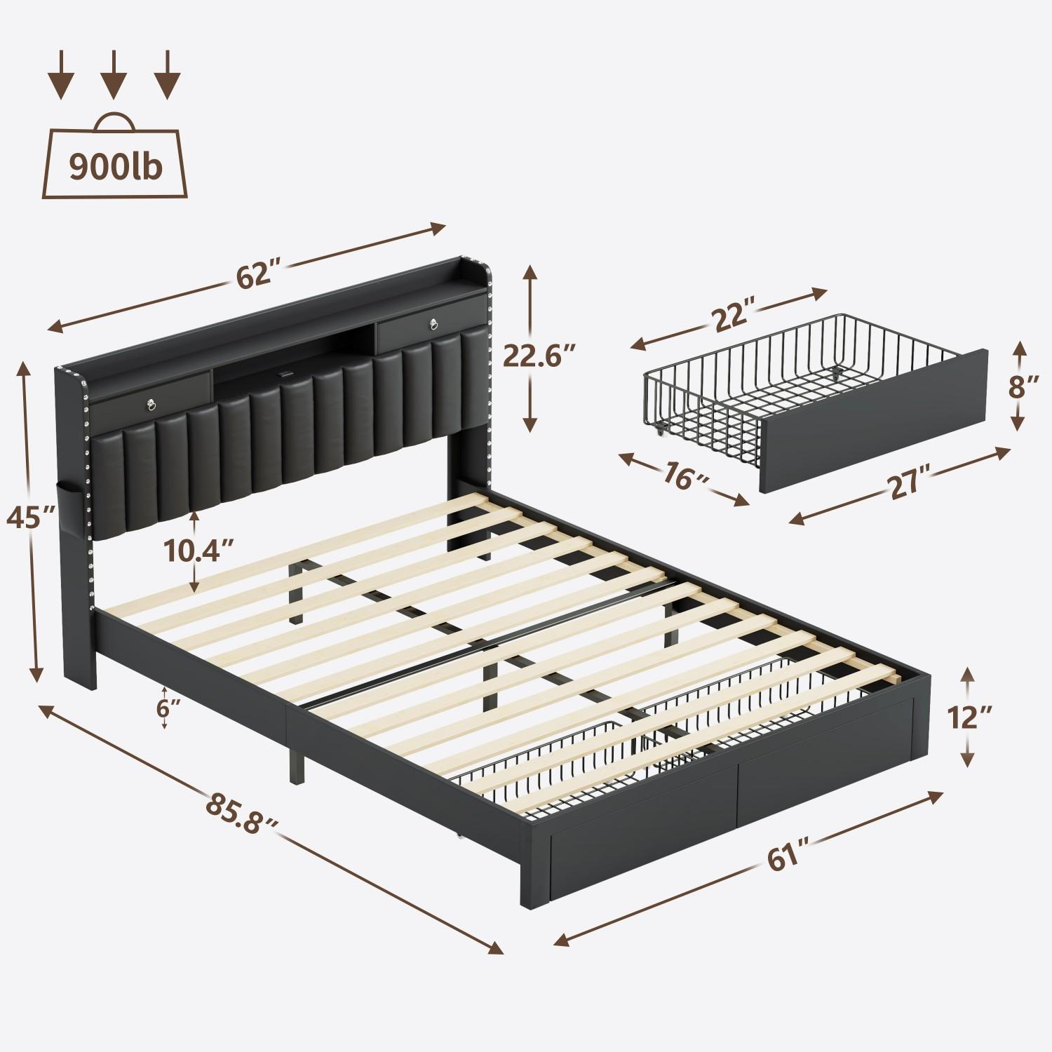 TryLazy Bed Frame with 4 Drawer and 2 USB & 1 Type-C Charging Ports, No Mattress, Upholstered Platform Bed Frame with Storage Headboard Bed Frame,No Box Spring Needed Required Easy Assembly,Full/Queen/King