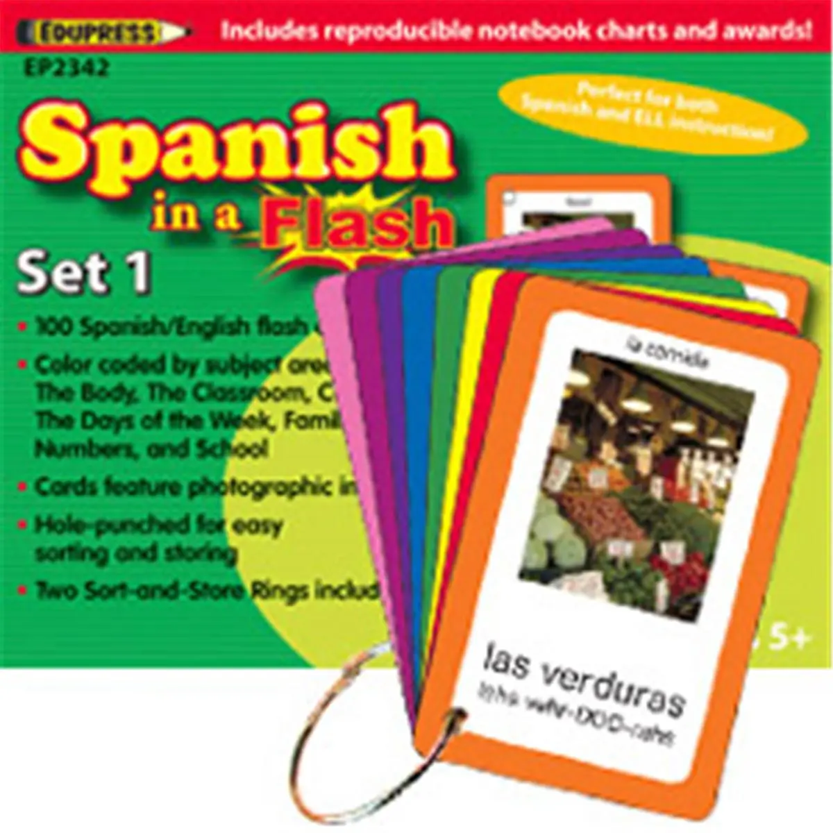 Edupress Spanish In A Flash Set 1 Color-Coded Spanish Flash Cards - Language Learning Tool for Pronunciation Aid, Flashcards for Studying (School & Educational Office Stationery Supplies)