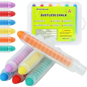 Dustless Chalk for Kids 6 PCS Colored Dust-free Twistable Toddler Chalk with Plastic Holder Non-toxic Washable Sidewalk Chalk for Chalkboard Drawing Writing Children's Day Gift Box Packed