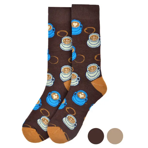 Men's Novelty Coffee Crew Socks, Soft Cotton Blend, Comfortable Menswear for Work, Machine Washable, Funny Print, Spandex Blend, All Seasons, Polyester, Underwear Sock, Fun Pattern, Printed, Spandex Mix, Tumble Dry