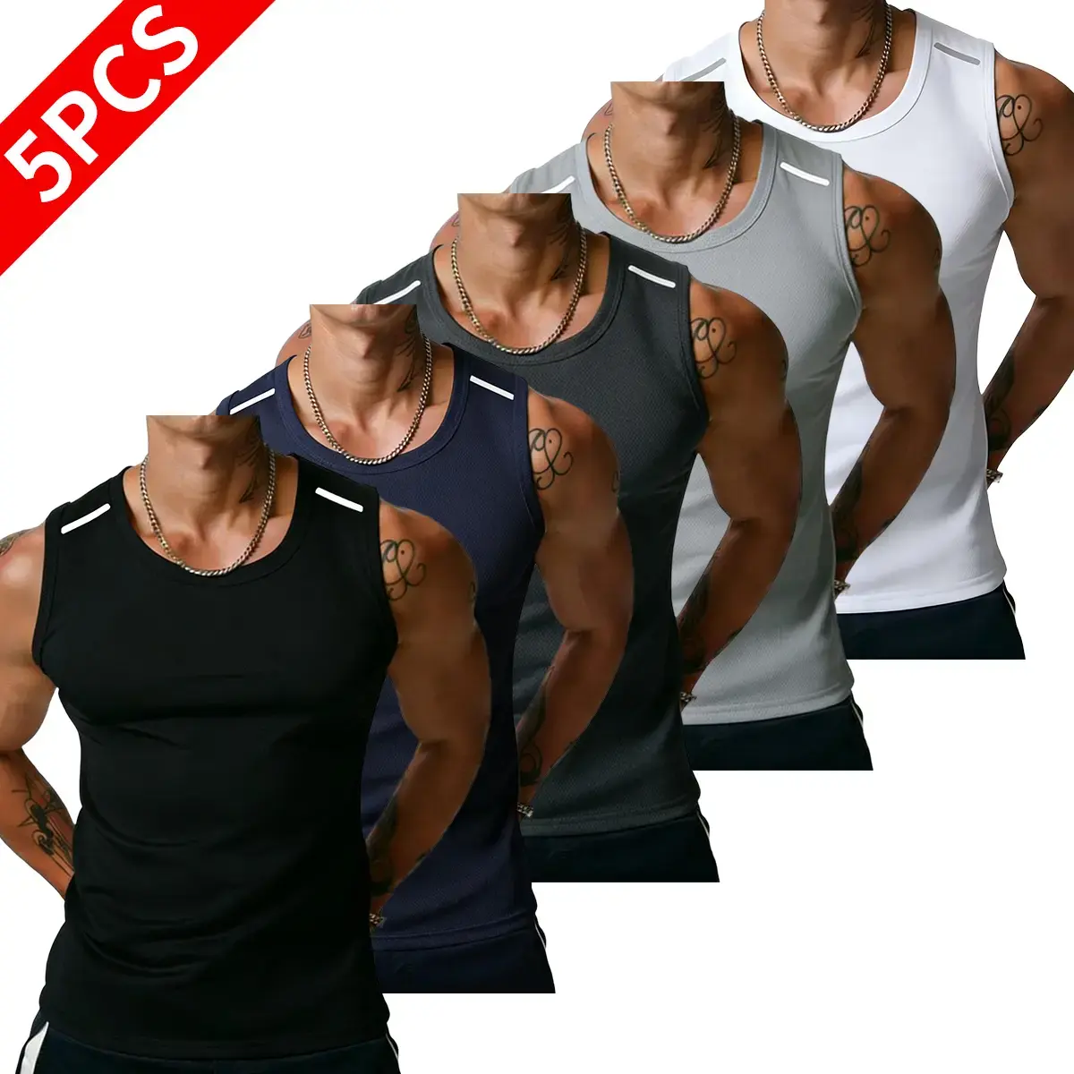 Pack of 5 Male Sleeveless Gym Clothing - Men's Lightweight Polyester Casual Knit Tank Tops, Plain Everyday Wear, 5 Tops on Hand, Sports & Outdoor Vests
