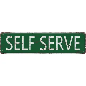 Vintage "Self Serve" Metal Sign - Distressed Green, 4x16 Inches, Easy Wall Mount, No Power Needed - Perfect for Bar, Coffee Shop & Home Decor, Metal Wall Art Decor