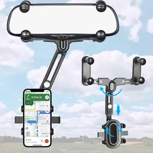 Rearview Mirror Phone Holder for Car, 360° Rotating Rear View Mount with Adjustable Arm Length, Multifunctional and GPS Universal Car All Smartphones