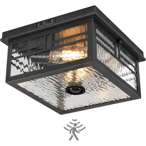 Sensor Outdoor Ceiling Light, Flush Mount Motion Sensor Ceiling Light, 2-Light Black with Ripple Glass, Bulbs Not Included, 4 Modes, for Porch, Garage, Hallway, Patio,BS07XD05W1
