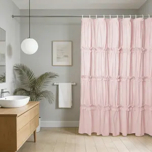 Ruffled Fringe Shower Curtain Set, 72x72 Inch Polyester Fiber, Artistic Patchwork Design, Eyelet Holes for Easy Hanging