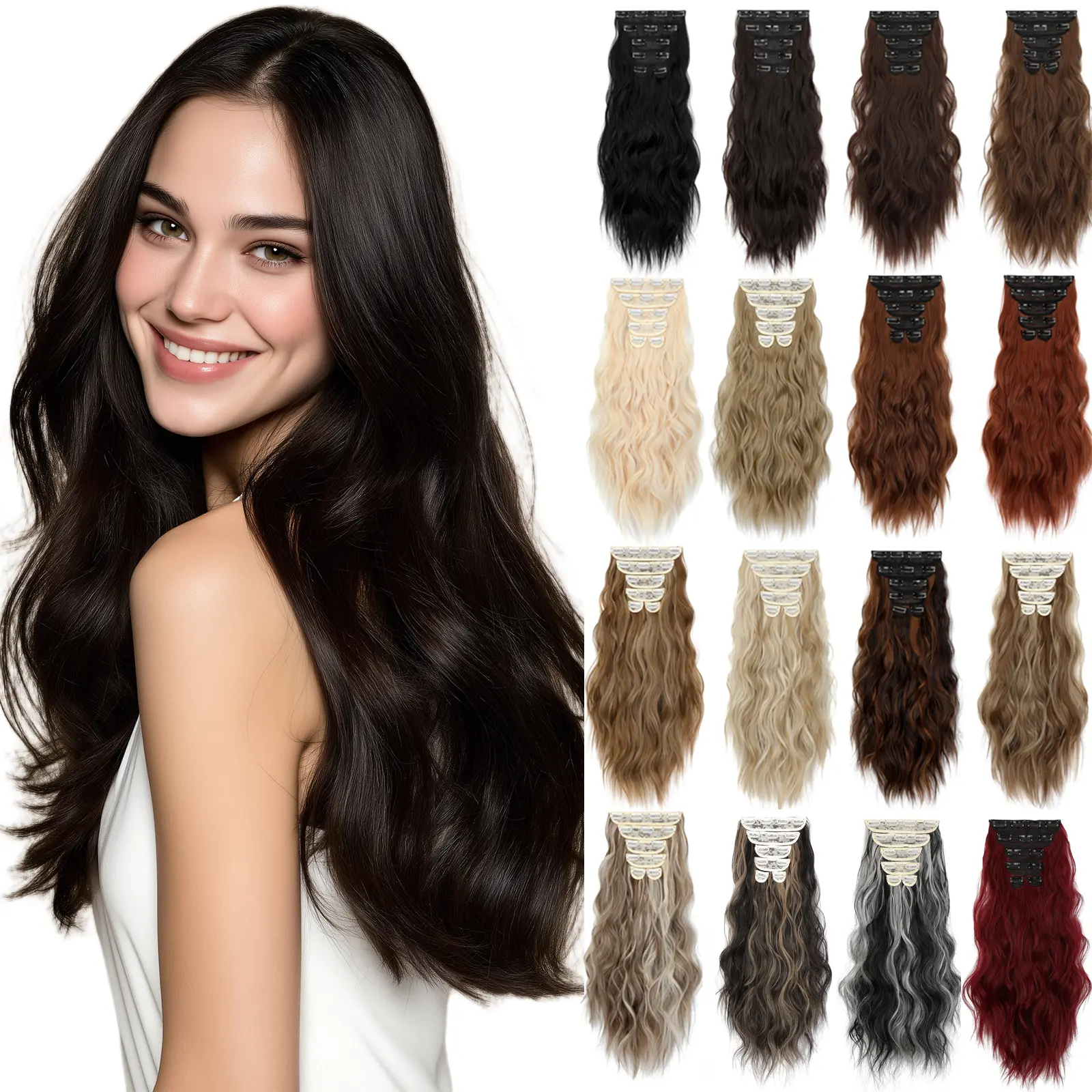 Dulchany Women's 20-in Clip-in Synthetic Fiber Hair Extensions, 6-Piece Double Weft Wavy Hairpieces for Instant Volume, Long Water Wave Design, Affordable Fashion for Daily Glam & Festivals, Clip In Hair Extensions, Heat Resistant, 1 X 8" Wide Weft, Synth