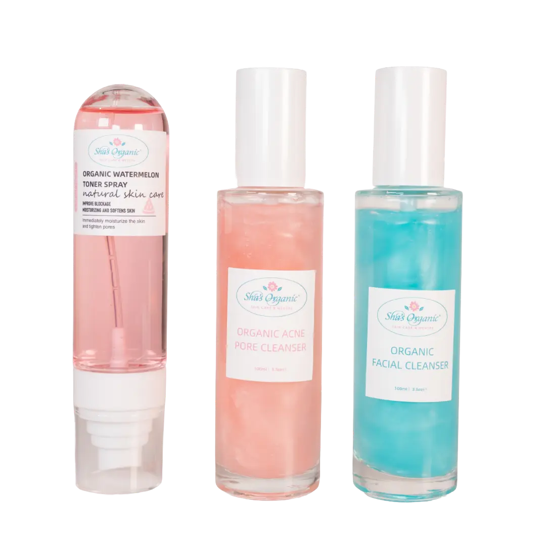 Sha's Organic 3-Piece Daily Facial Care Set - Watermelon Toner, Facial Cleanser & Acne Pore Cleanser   