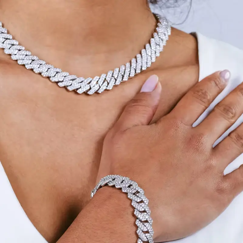 Unisex 14MM Iced Out Rhinestone Cuban Link Jewelry Set, Metal Coated Silver Hip Hop Statement Accessories, 2-Piece Necklace & Bracelet for Daily Wear, Set Pairing Costume Jewelry, Chain, Unisex Fit, Necklace And Bracelet Set, Cubanchain