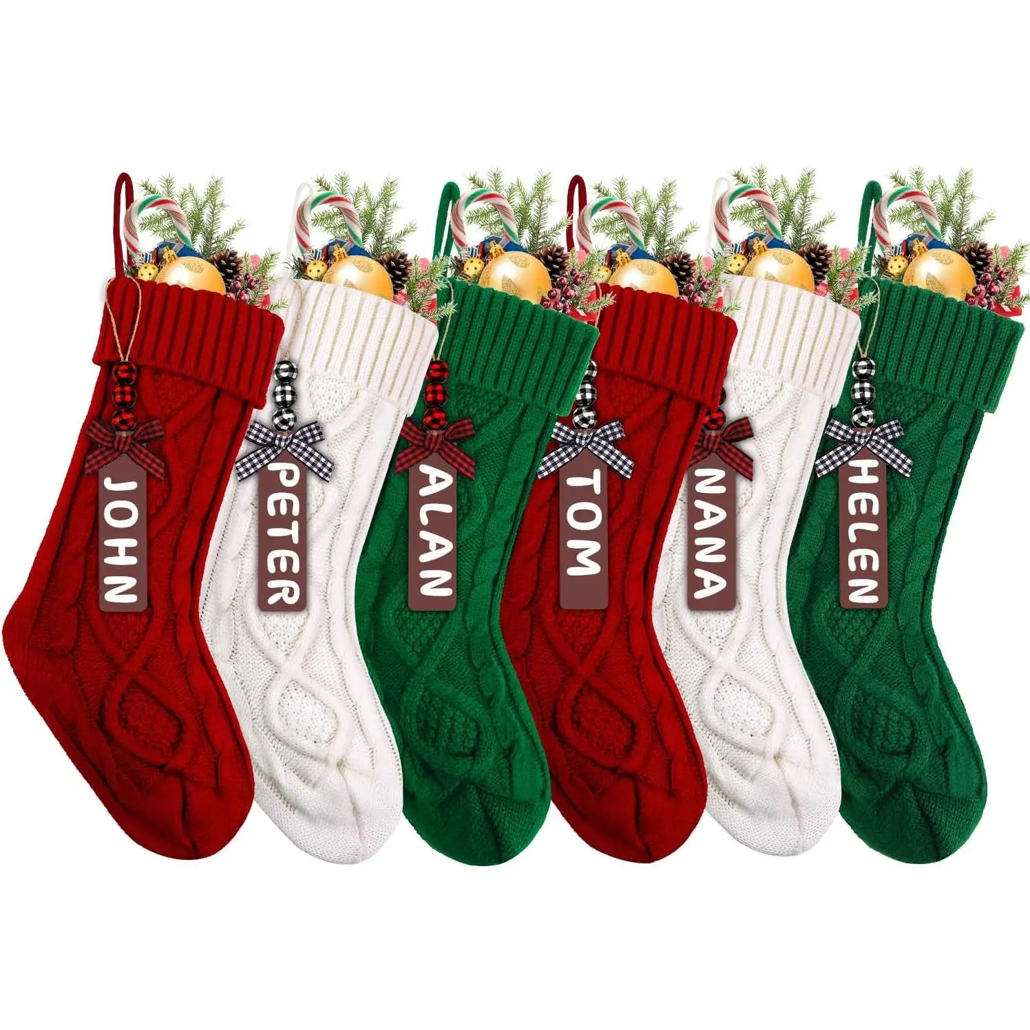 6PACK Christmas Stockings,18Inches Large Cable Knitted Stocking Personalized Xmas Hanging Stocking Decorations with Name Tags for Holiday Christmas Party Family Decor