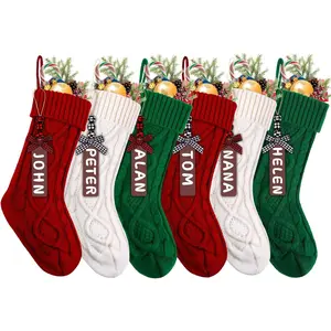 6PACK Christmas Stockings,18Inches Large Cable Knitted Stocking Personalized Xmas Hanging Stocking Decorations with Name Tags for Holiday Christmas Party Family Decor
