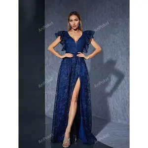 AnPoker V-Neck Embroidered Lace Ruffle Trim Short Sleeve Front Slit High-End Evening Dress Bridesmaid Fabric Fit Teal Blue Polyester A-Line Formal Women's Wear