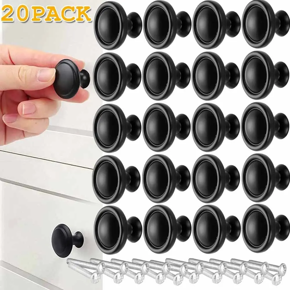20PCS Cabinet Knobs for Dresser Drawers 1.1 Inch Premium and Elegant Matte Black Round Cabinet Knobs，Modern Single Hole Single Handle Drawer Pulls