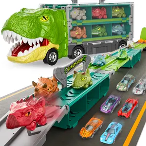 Dinosaur Truck Toys Princess car Unicorn car for Birthday Gift Idea, 2 Player Race Mode, Transport Carrier Toddler Toys for Kids, 63 Inch Foldable Race Track with 6 Dino Cars & 6 Die-cast Cars Durable Safety, kids christmas gifts