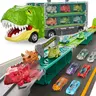 Dinosaur Transport Carrier Truck Toy Set (Dino Truck Carry) - 16in-60in Foldable Tyrannosaurus Track, 6 Dino+6 Die-Cast Cars, Car Launcher, 2-Player Race Mode, Durable Safe Toys for Boys, Cool Christmas Gifts for Kids