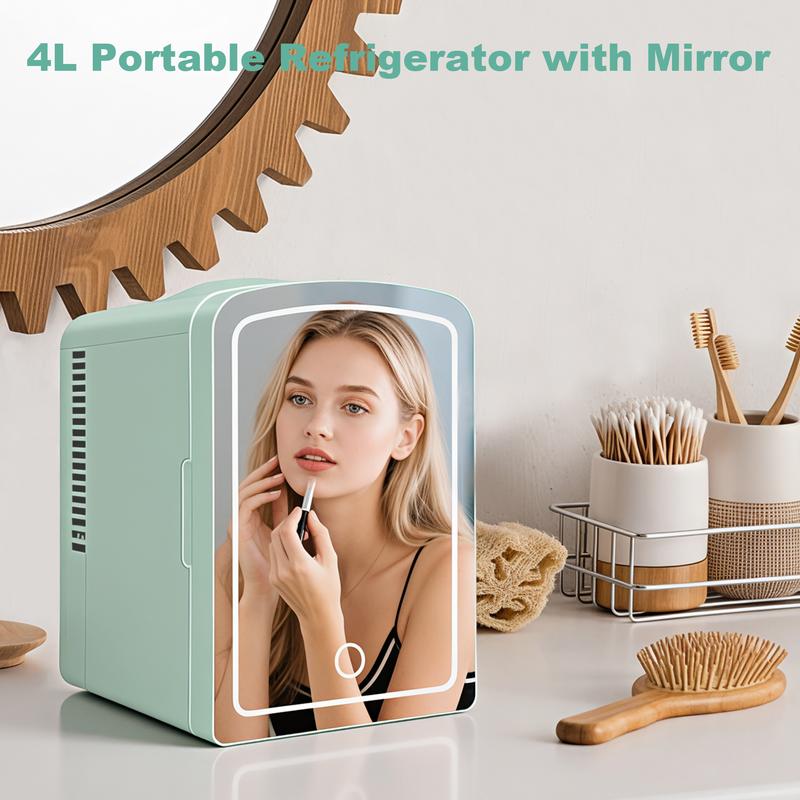iceBLUE Mini Fridge for Bedroom 4L/6 Cans Skincare Fridge with Dimmable LED Light Mirror Portable Mini Fridge for Dorm Office and Car Cooler and Warmer for Refrigerating Makeup Skin Care and Food Black Green Beauty Refrigerator chilled  skincare organ iza