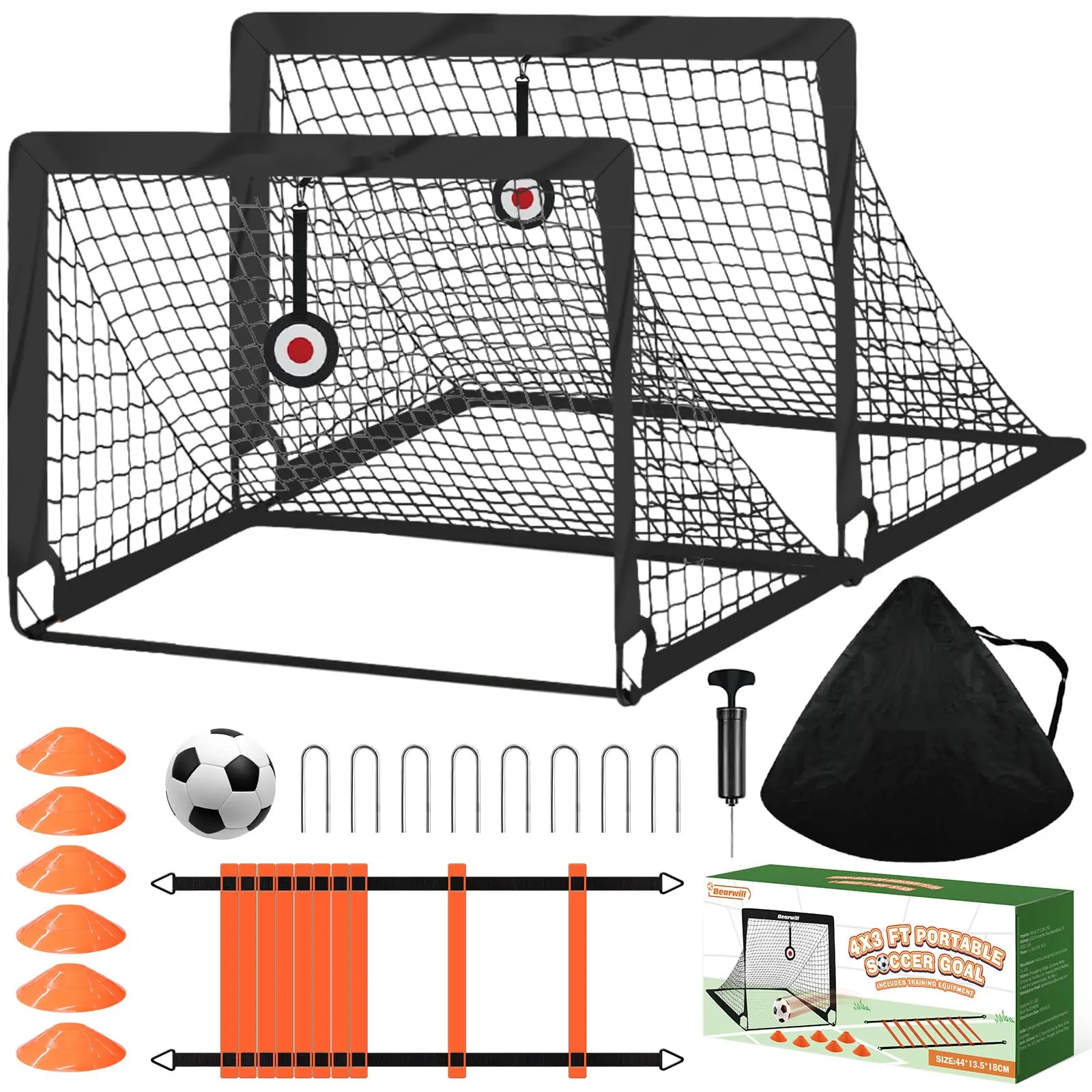 Soccer Goals for Backyard Set of 2, 4x3 ft Portable Pop Up Soccer Goals Toddle Soccer Goals Soccer Training Equipment with 1 Adjustable Agility Ladder, 1 Soccer Ball, 6 Soccer Cones