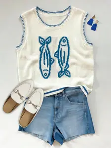 Women's Casual Vacation Summer Short Loose Fish Pattern Contrast Color Trim Sleeveless Knitted Tank Top Vest, Comfortable and Stylish Design