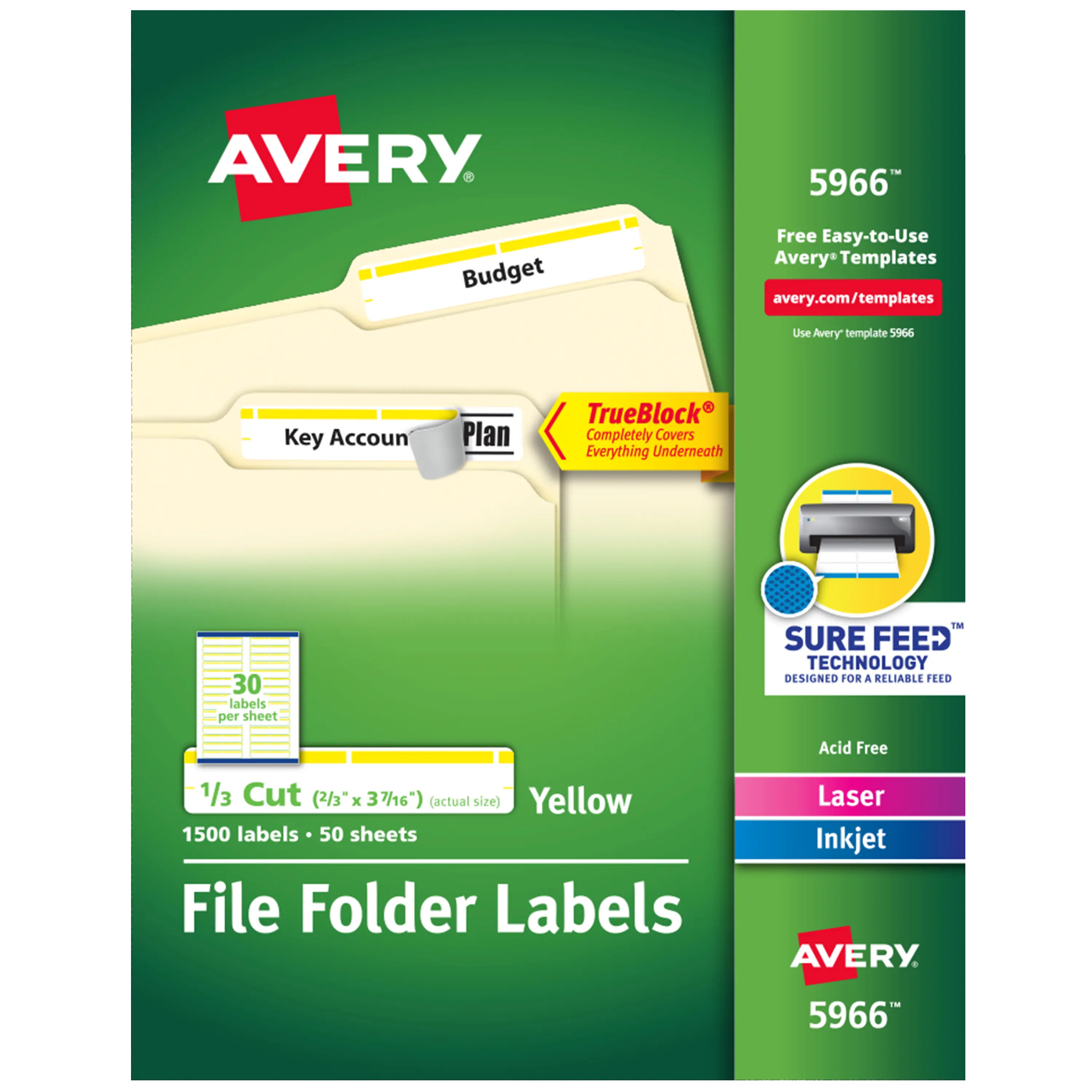 Avery TrueBlock File Folder Labels - 2/3" x 3-7/16", 1,500 Laser & Inkjet Printable Labels, White/Yellow, Permanent Adhesive (5966)