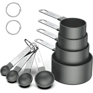 8 Pcs Measuring Cups and Spoons Set, Stackable Black Measuring Spoons for Measuring Dry and Liquid Ingredients Small Teaspoon with Plastic Head