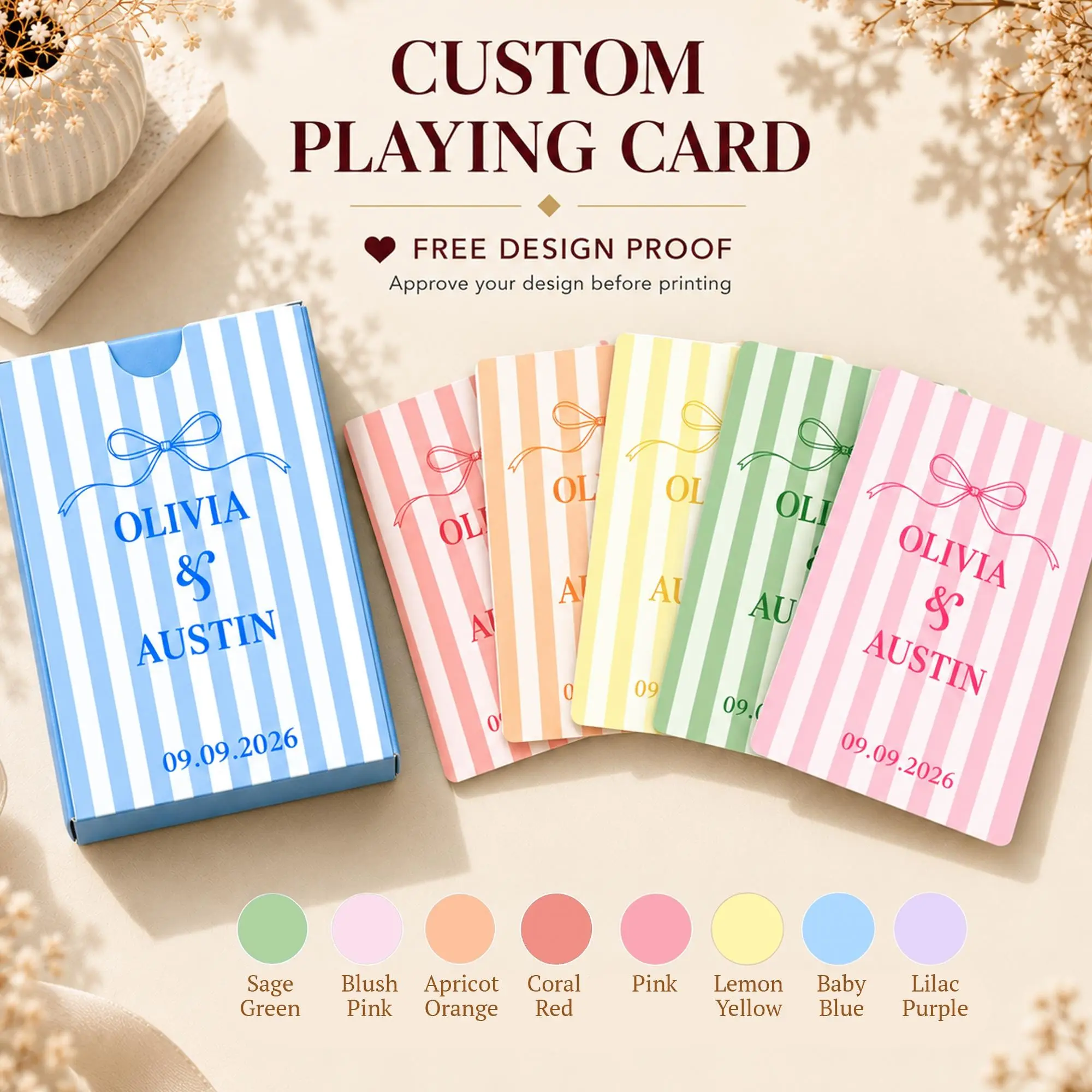 Custom Wedding Playing Cards, Personalized Bow Ribbon Stripe Design, Pastel Color Deck