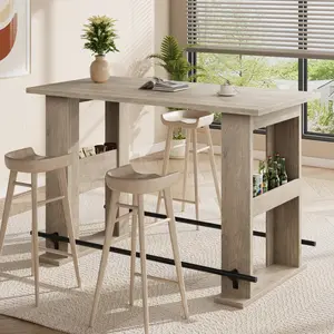 63'' Bar Table, Wooden Home Coffee Bar Unit with Storage – Farmhouse Counter Height Pub Table with Metal Footrest – for Home Kitchen, Dining Room, Bistro, Living Room